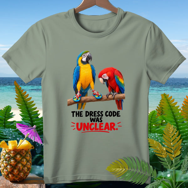 Green t-shirt with two parrots on a branch, reading "The dress code was unclear."