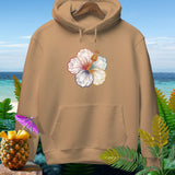 Tan hoodie with a colorful hibiscus flower graphic featuring ghosts and a pumpkin.