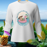 White long sleeve shirt with sloth on flamingo float, text 