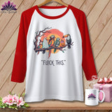 Raglan tee with parrots dressed for Halloween and the text 