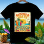 Black t-shirt featuring "Summer Since 1776 America 250" with beach scene.
