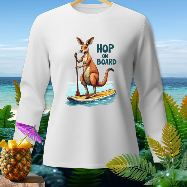 White long-sleeve shirt with a kangaroo on a paddleboard graphic and "Hop On Board" text.