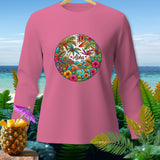 Pink long-sleeve shirt with a circular tropical 