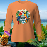 Orange long sleeve shirt with macaws and 