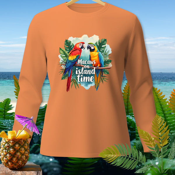 Orange long sleeve shirt with macaws and "Macaws on island time" text.