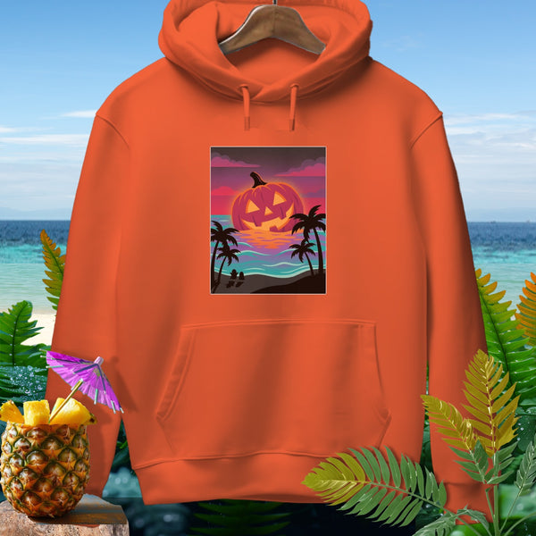 Orange hoodie featuring a Halloween jack-o'-lantern on a tropical beach sunset print.