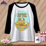 White baseball tee with graphic of skeleton, pumpkin, and ghost with text 
