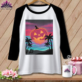 Baseball shirt with a jack-o-lantern on a beach at sunset.