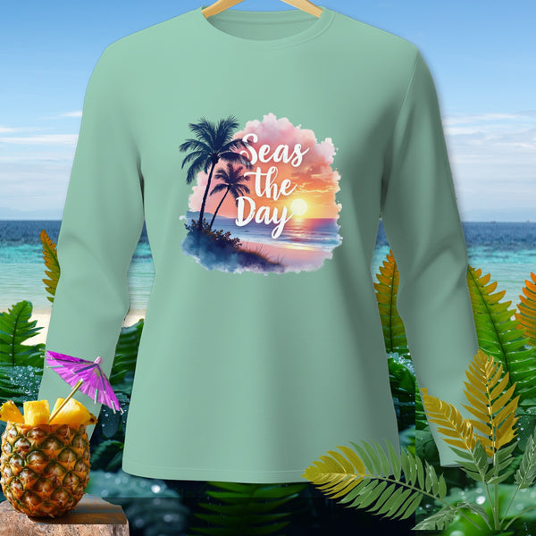Mint green long-sleeve shirt with "Seas the Day" beach sunset graphic.