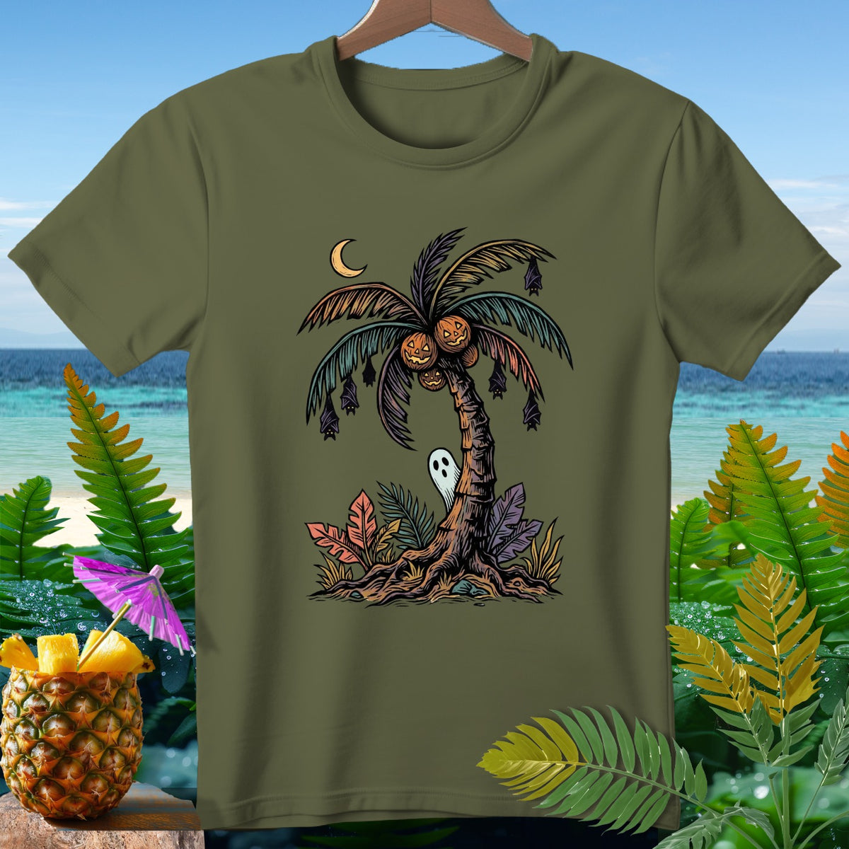 Olive green t-shirt with Halloween palm tree, jack-o'-lanterns, bats, and ghost graphic.