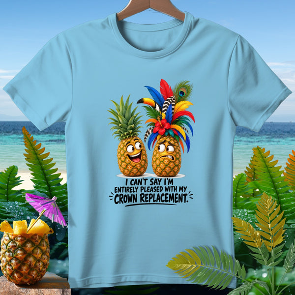 Light blue t-shirt with two cartoon pineapples, one happy, one worried, with text.