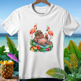 Hippo relaxing in a pool with flamingos and tropical drinks.