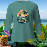 Long-sleeved shirt with tropical scene and 