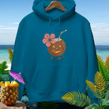 Teal hoodie with jack-o'-lantern coconut drink and 