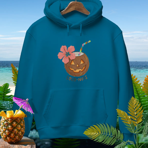 Teal hoodie with jack-o'-lantern coconut drink and "Coco-Nuts" text.