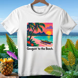 White t-shirt with beach sunset graphic and text 