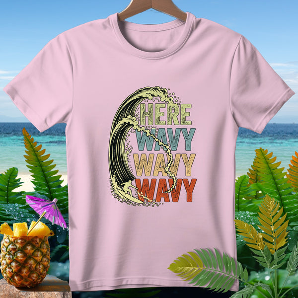 Pink t-shirt with "HERE WAVY WAVY WAVY" text and a surfing wave graphic.