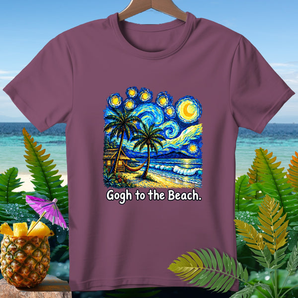 Maroon t-shirt with a Starry Night beach scene and text "Gogh to the Beach."