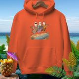 Orange hoodie featuring a graphic of three ghosts surfing with the text 