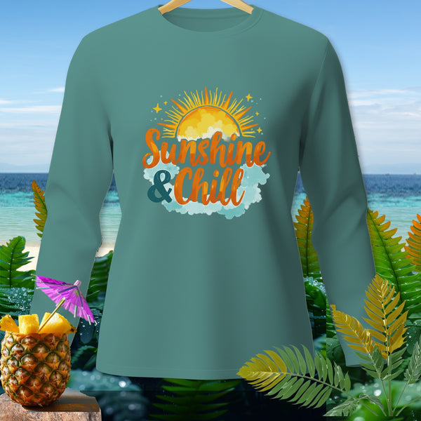 Teal long-sleeve shirt with "Sunshine & Chill" graphic and sun design.