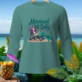 Teal long-sleeve shirt with a cartoon mermaid relaxing on a beach chair, 