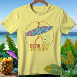 Yellow t-shirt with skeleton carrying surfboard and ghost, 