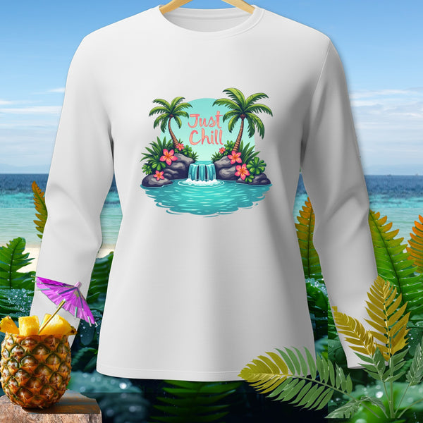 White long-sleeve shirt with tropical waterfall graphic and "Just Chill" text.