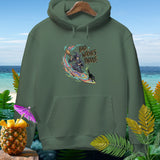 Green hoodie with a graphic of a witch, black cat, and 