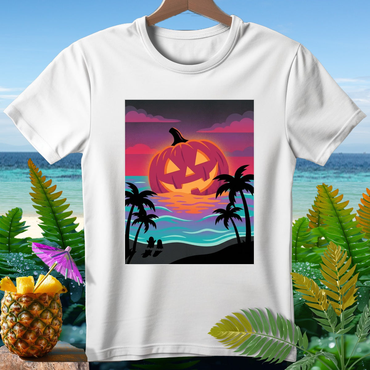 Jack-o-lantern on a tropical beach at sunset, on a white t-shirt.