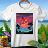 Jack-o-lantern on a tropical beach at sunset, on a white t-shirt.