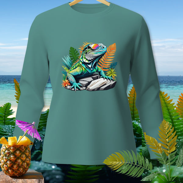 Teal long sleeve shirt with a graphic of a cool iguana wearing sunglasses.