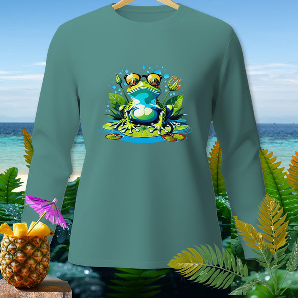 Teal long sleeve shirt with a graphic of a frog wearing sunglasses on a lily pad.