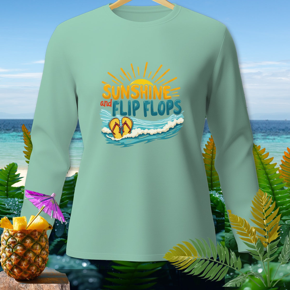 Light blue long-sleeve shirt with "Sunshine and Flip Flops" graphic.