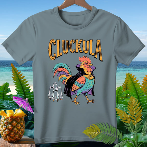 Rooster wearing a vampire cape with "CLUCKULA" text and three ghosts.