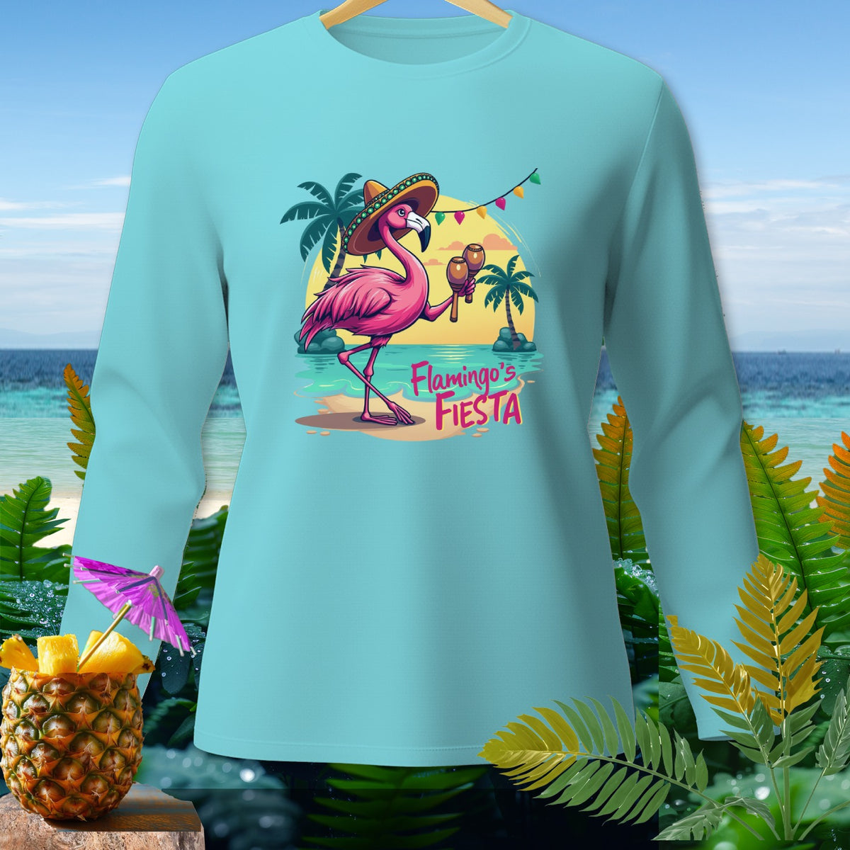 Long sleeve t-shirt with flamingo in sombrero holding maracas, text reads "Flamingo's FIESTA".