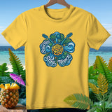 Yellow t-shirt with a tropical graphic featuring 