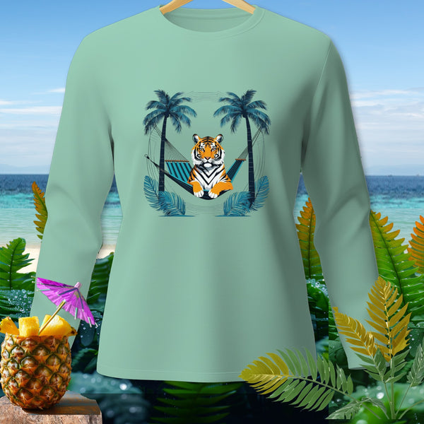 Mint green long sleeve shirt with tiger in hammock graphic and tropical background.