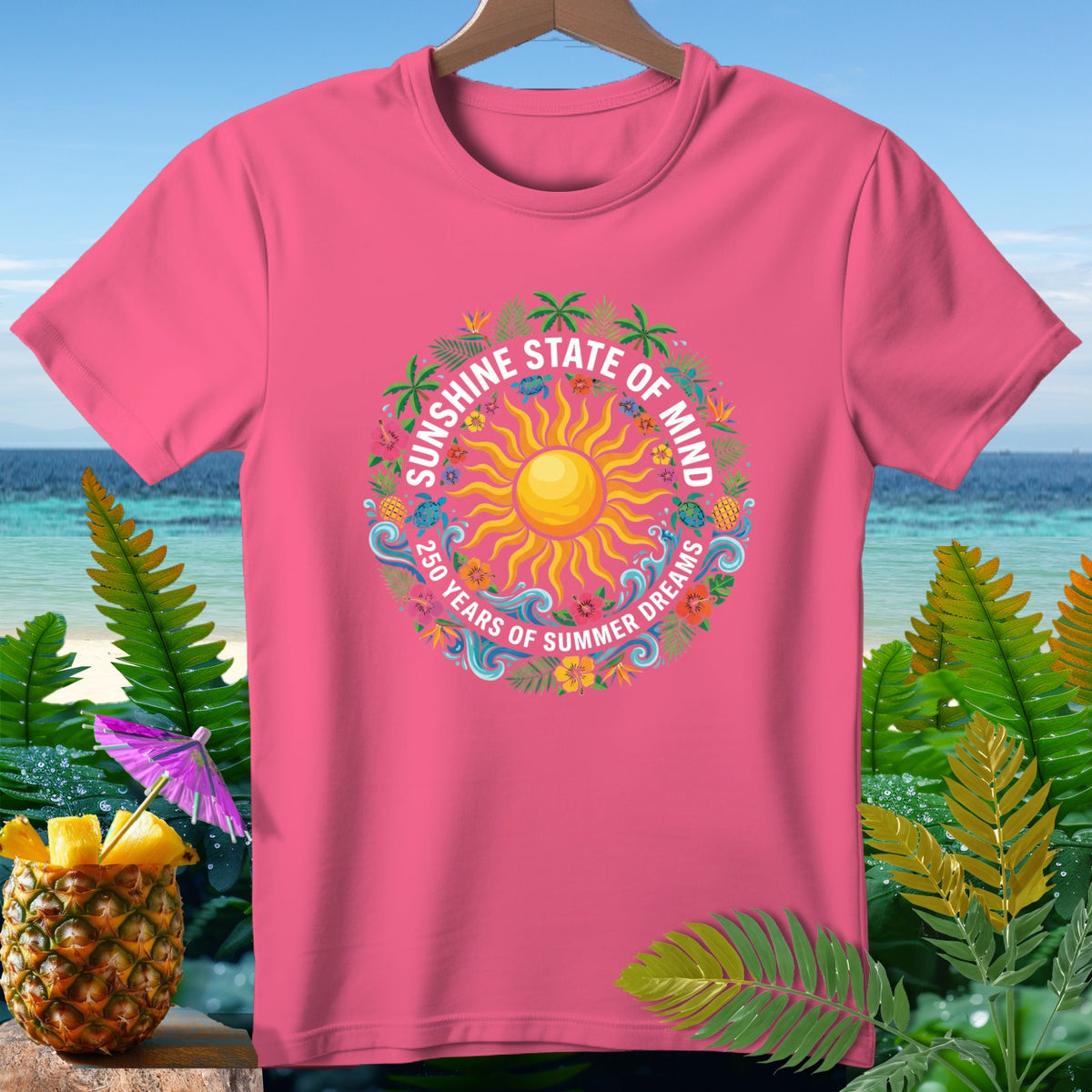 Pink t-shirt with "Sunshine State of Mind" circular graphic.