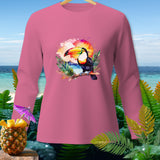 Pink long-sleeve shirt with a watercolor toucan and tropical sunset graphic.