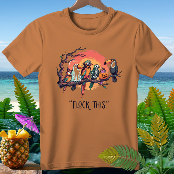 Orange t-shirt with Halloween parrots and text "FLOCK THIS."