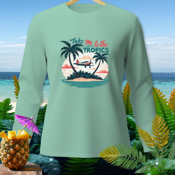 Light blue long-sleeve shirt with "Take Me to the Tropics" graphic of palm trees and airplane.