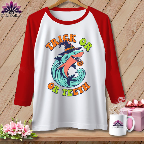 Shark wearing a witch hat, holding a pumpkin, with text "Trick or Teeth".