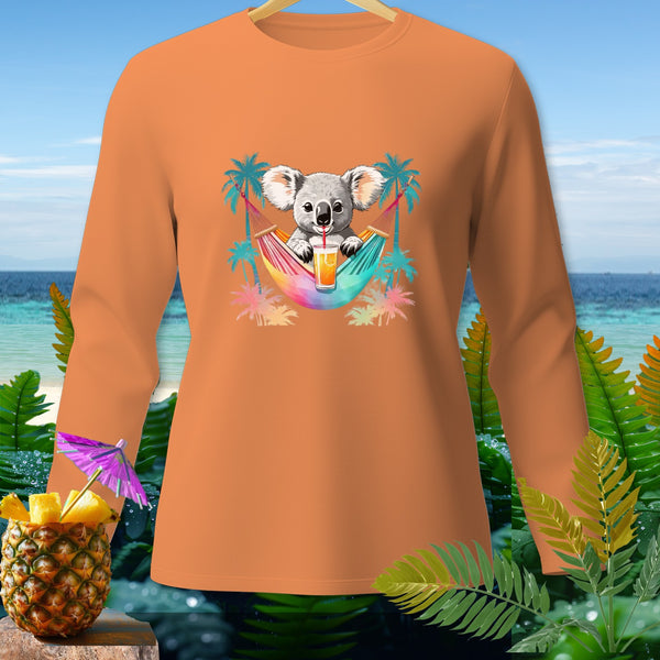 Orange long sleeve shirt with a cartoon koala in a hammock holding a drink.