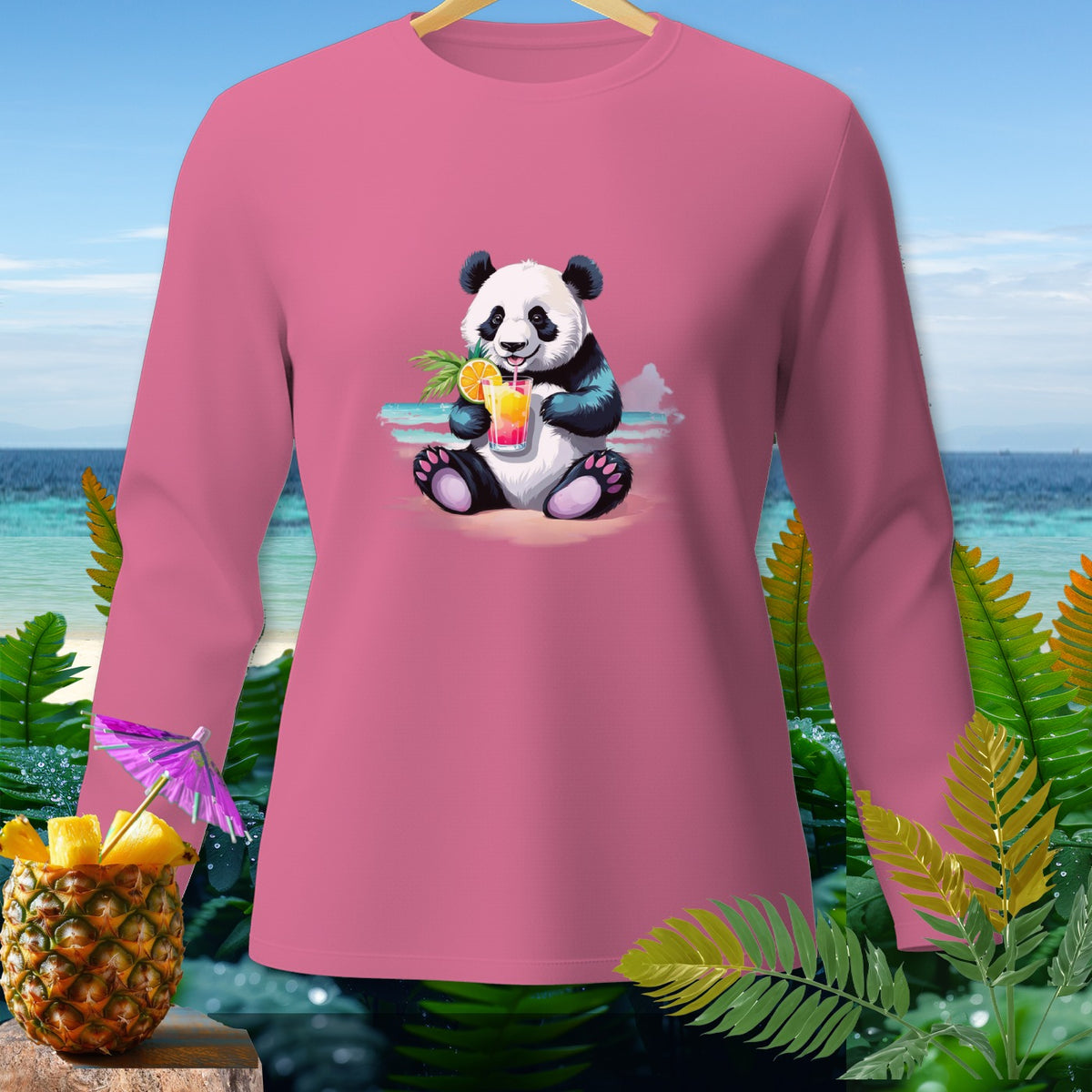 Pink long-sleeve shirt with a panda holding a tropical drink and a pineapple garnish.