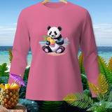 Pink long-sleeve shirt with a panda holding a tropical drink and a pineapple garnish.