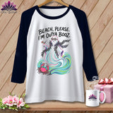 Baseball tee with ghost, crab, waves, and text 