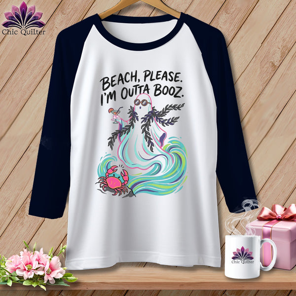 Baseball tee with ghost, crab, waves, and text "Beach, Please. I'm Outta Booz."