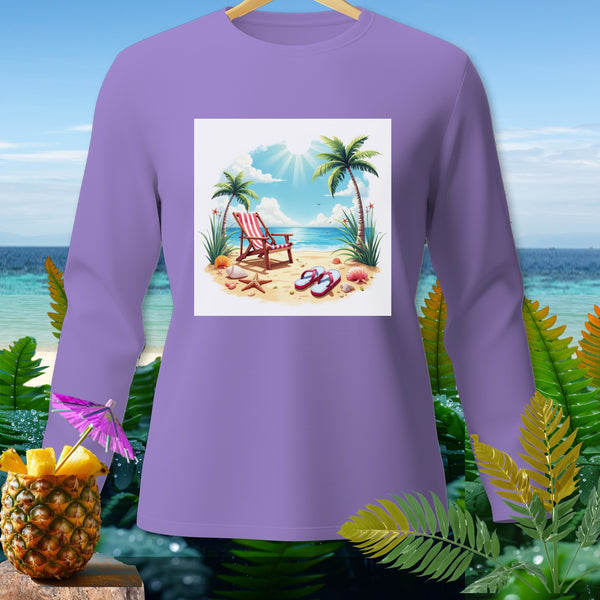 Purple long-sleeve shirt with a beach scene graphic featuring a lounge chair and flip-flops.