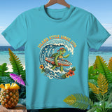 T-shirt with surfing turtle graphic, text 