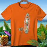 Orange t-shirt with a surfboard graphic featuring a pumpkin, ghost, moon, and flowers.